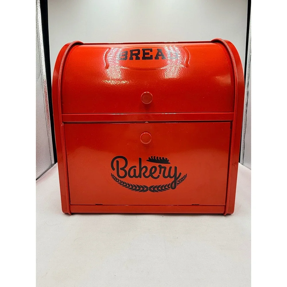 Bread Box Metal 2-Tier Roll Top Bakery Storage Red